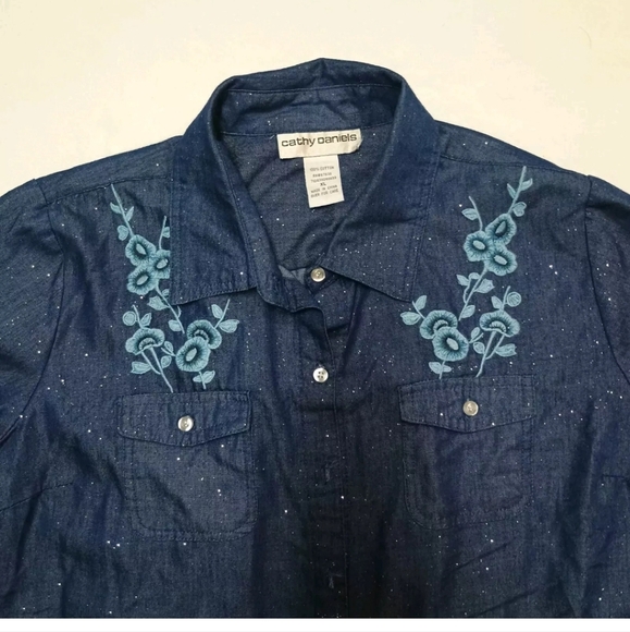 Cathy Daniels Denim Chambray 100% Cotton Button Down Glitter Floral Embroided XL - Picture 2 of 5